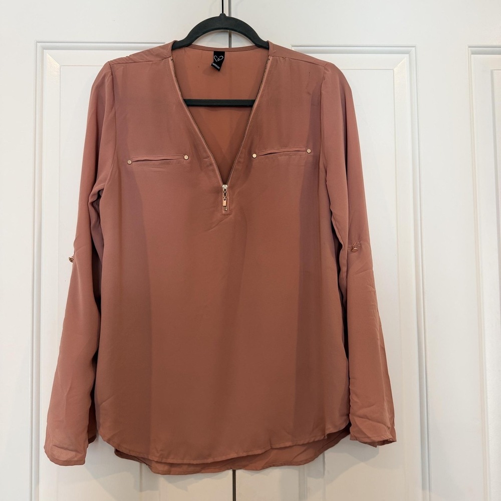 Windsor Blouse Womens L Peach Taupe Chiffon Zip Front Roll Tab Sleeve Tunic Top